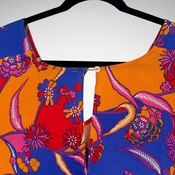 ModCloth Floral Tropical Twirl Kaftan Shirt Long Dress Orange Blue Size Large - Picture 5 of 9